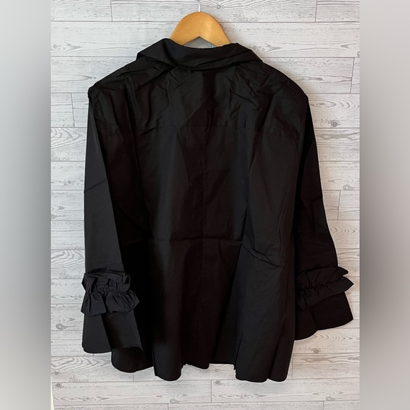 Harshman Women's Size 1X Selina Ruffle-Trim Button Front Cotton Shirt Black - Picture 8 of 11